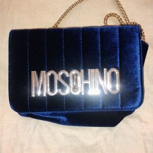 Moschino Navy Velvet Shoulder Bag with Gold Chain